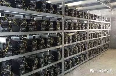 A large-scale Bitcoin mining farm with rows of ASIC miners