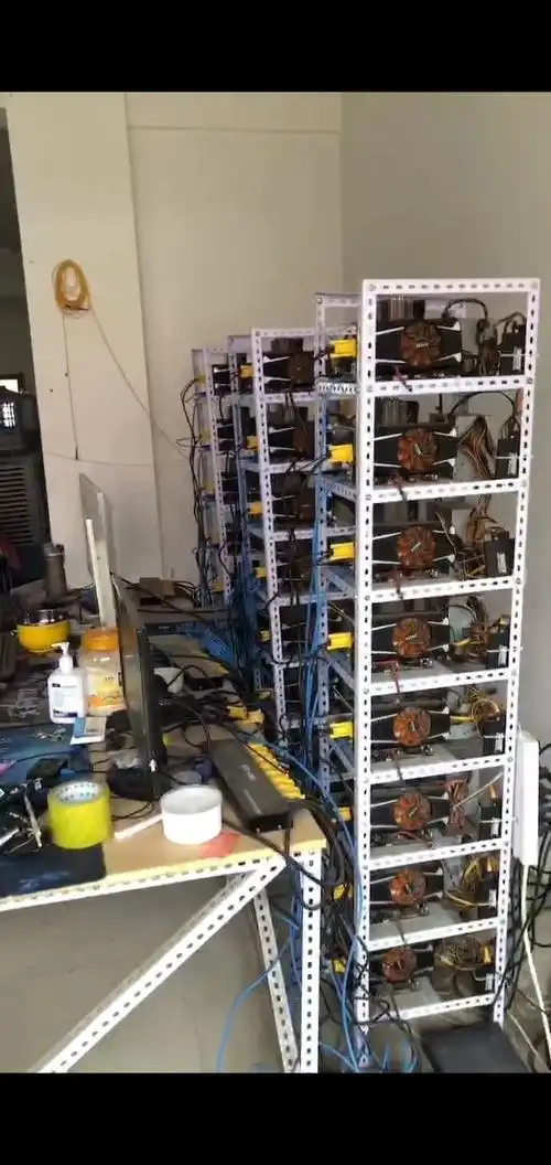 A bustling mining farm hosting various rigs, illustrating the hosted solutions for profitable Kaspa mining
